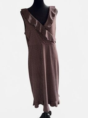 Max Studio Black With Pink Star/Polka Dot Ruffle V-Neck Midi Dress